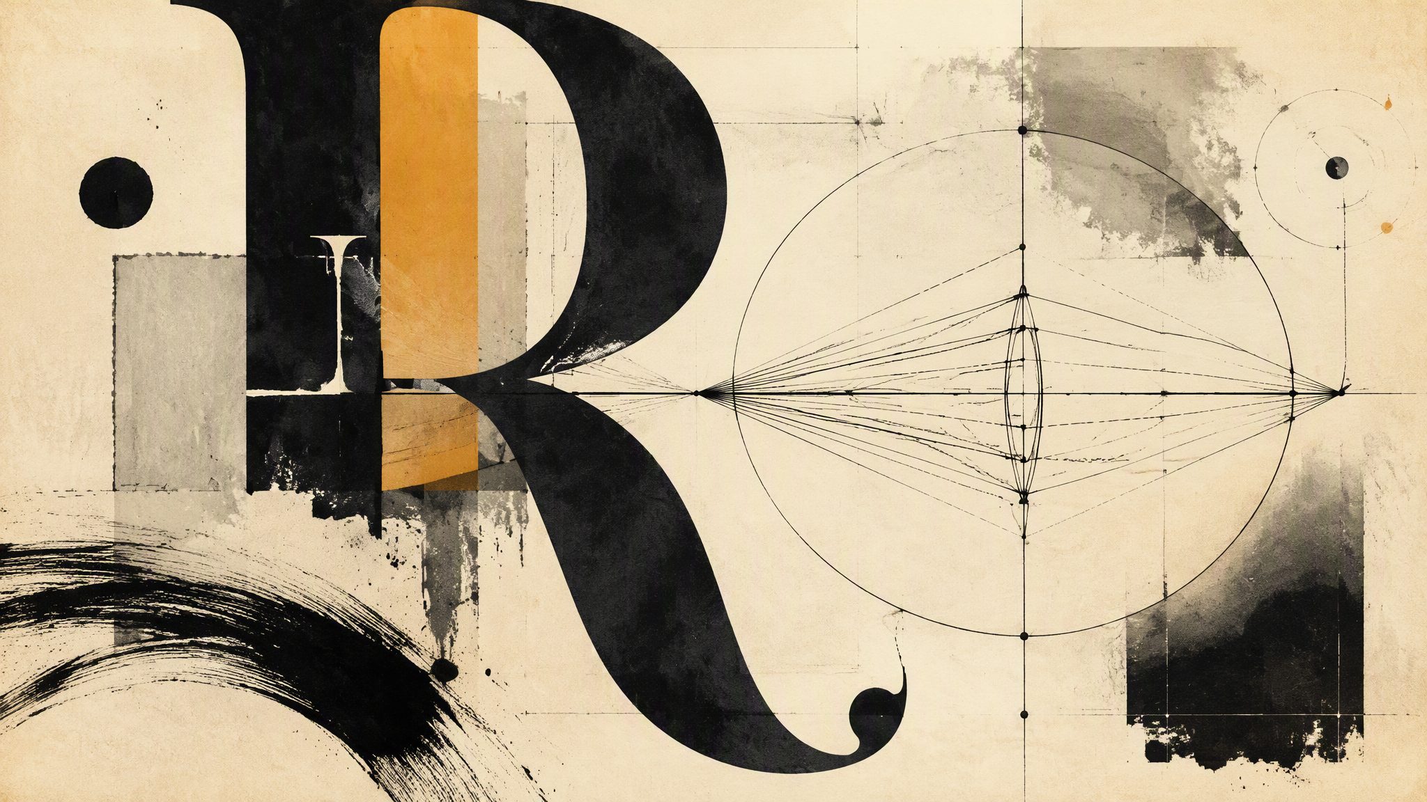 Abstract editorial illustration combining letterforms, geometry and technical construction lines