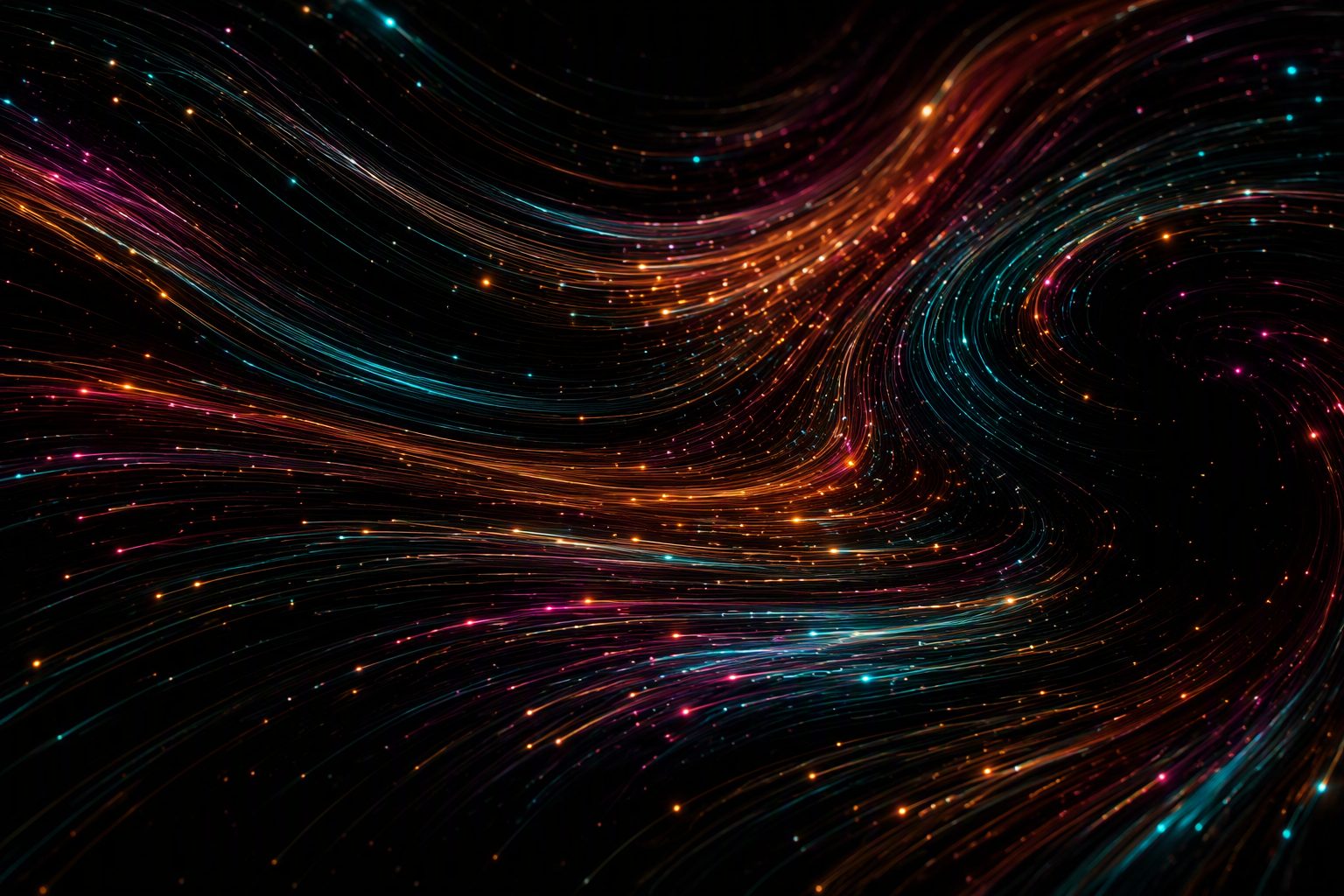 Generative poster: spectral particles tracing long-exposure trajectories through deep space.