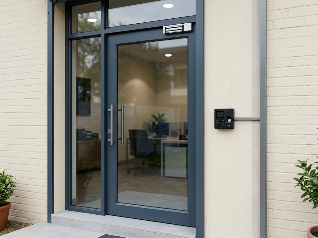 Access reader beside a glass office door.