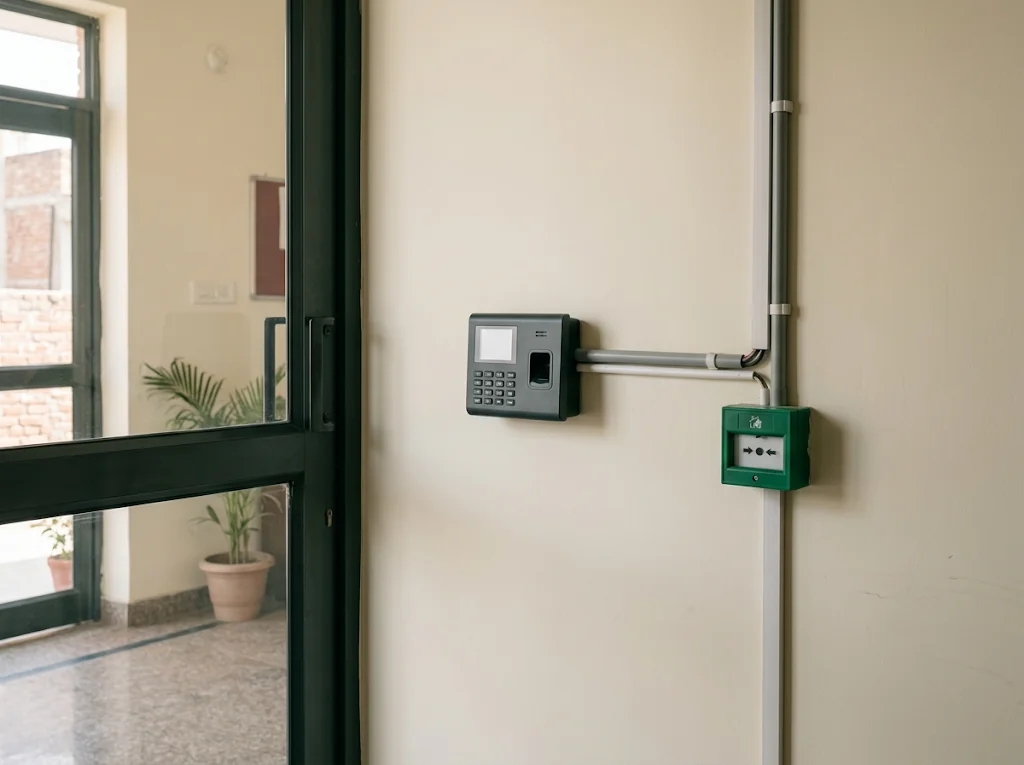 Wall-mounted attendance reader.
