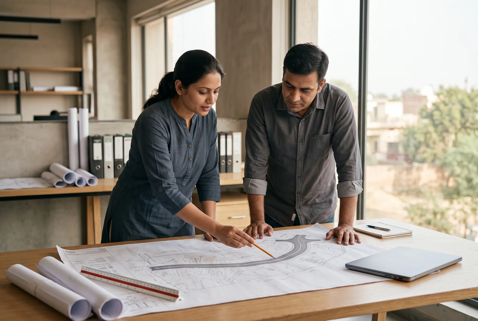 Civil engineers reviewing road and site-access drawings together in an office.