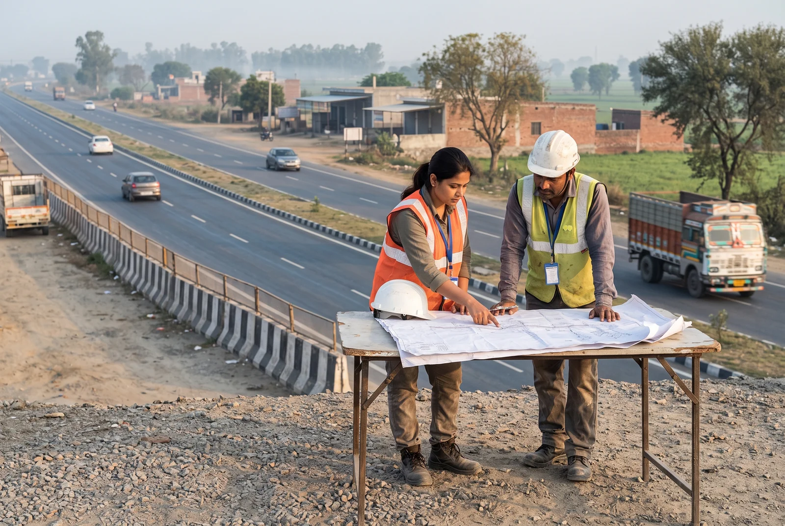 Engineers reviewing a road drawing beside a divided highway in Haryana.