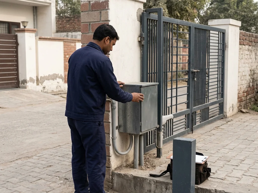 Technician inspecting a gate operator beside an entrance.