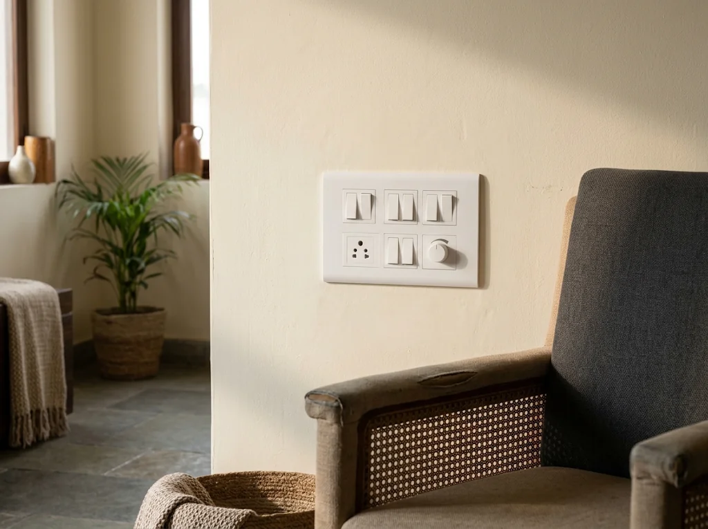 Large wall switch positioned beside a chair at a reachable height.
