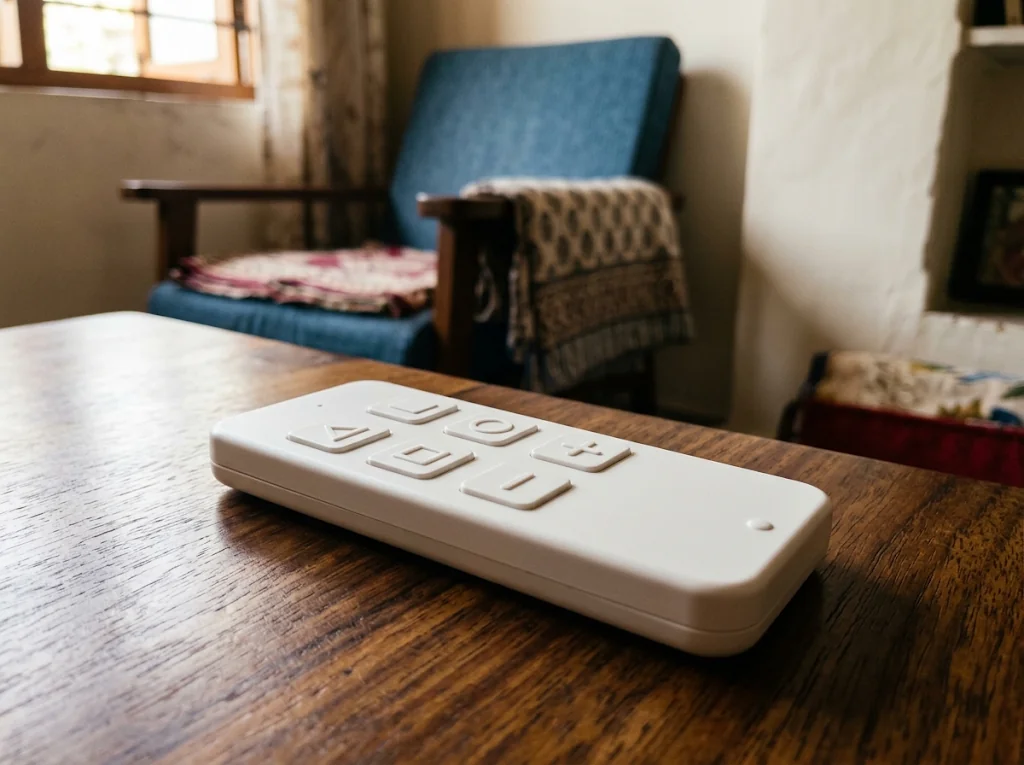 Large-button tactile remote resting on a side table.