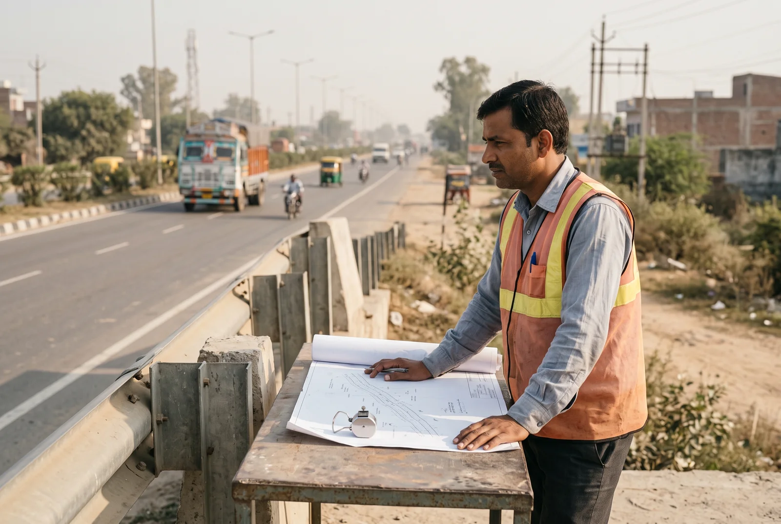 Engineer reviewing drawings and observing traffic from behind a roadside barrier in Haryana.
